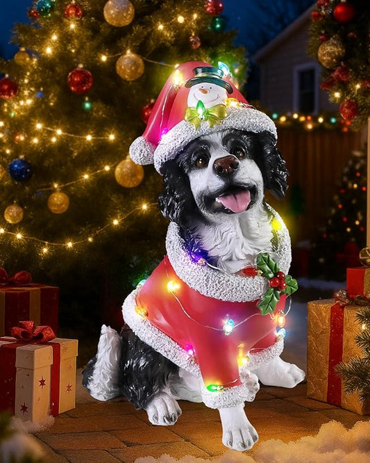 Christmas Outdoor Decoration Dog Statue, LED Light Cute Springer Spaniel Dog Sculpture with Santa Outfit & Lights for Garden and Yard, Indoor Holiday Décor Gift for mom and dad