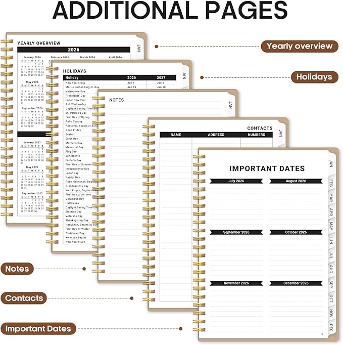 2026 Planner, Weekly and Monthly Calender Planner, Jan 2026 to Dec 2026, Hardcover 2026 Calendar Planner Book with Tabs & Inner Pocket, Office Home School Supplies for Women & Men - A4 (8.5" x 11"), Oat Brown