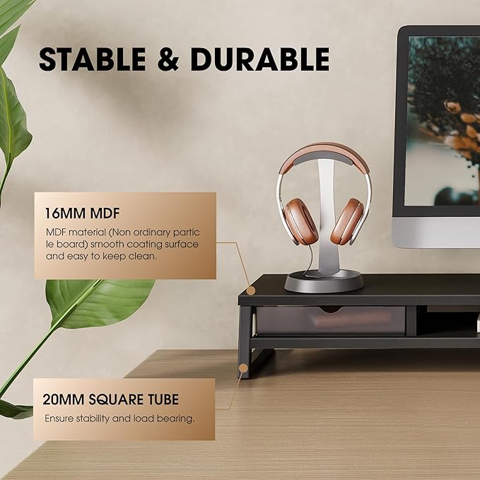 Fenge Dual Monitor Stand, Monitor Riser with Drawer, 42.5 Inch Large Computer Monitor Stand for 2 Monitors, 2 Tier Wooden Desk Shelf for Top of Desk