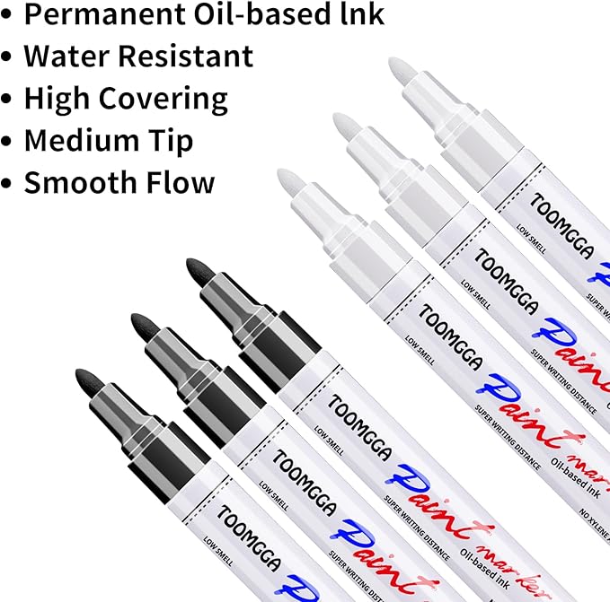White and Black Permanent Markers Paint Pens - 6 Pack Oil Based Paint Markers, Medium Tip, Quick Drying Pens for Wood, Metal, Rock Painting, Mugs, Canvas, Clothes, Plastic Marking