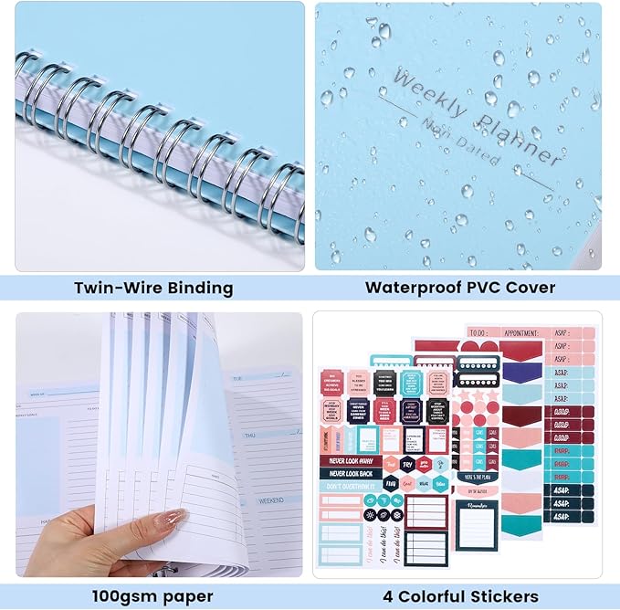 Undated Weekly Planner with Habit Tracker, 52 Weeks To Do List Notebook A5 Weekly Goal Planner with Spiral Binding & Stickers Home Work School Supplies for Women Girls 8.2" x 5.7" - Blue