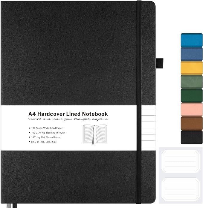 Lined Journal Notebook, 8.5" x 11" Hardcover Leather Notebook for Work, Wide Ruled Notebook Journal for Women Men, 192 Thick Paper, Lay Flat, 2 Pockets, A4 Large Journals for Writing, Black Notebook