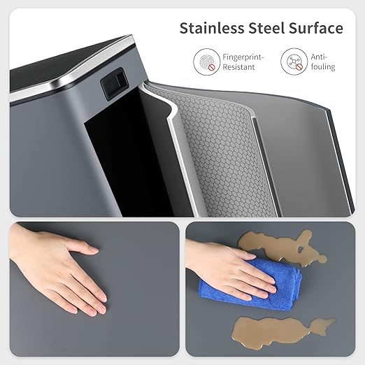 Arlopu 16 GallonStainless Steel Trash Can, 60L Dual Compartment, Metal Kitchen Step Recycle Bin, Metal Double Dustbin, in-Home Garbage Rubbish Can W/Removable Liner Buckets (Grey)