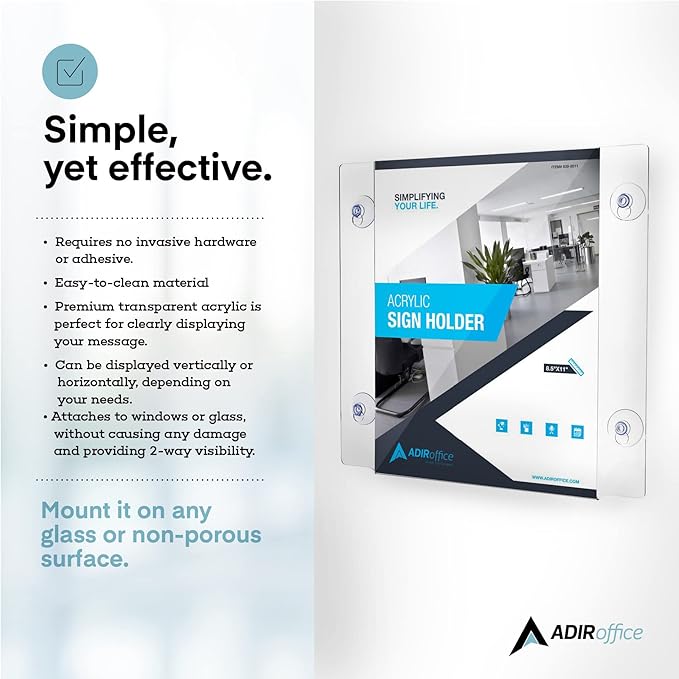 Adir Acrylic Sign Holder – Window Sign Holder with Suction Cups for Advertising and Promotion, Wall-Mount Display Frame, Clear Sign Holder Stand for Glass, Mall, Restaurants, Office - 6 Pack (8.5x11 Inch)