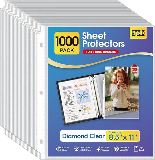 KTRIO 1000 Pack Sheet Protectors 8.5 x 11 inch, Clear Page Protector for 3 Ring Binder, Plastic Sleeves for Binders, Top Loading Paper Sheets Document Sleeve Letter Size, Office & Home