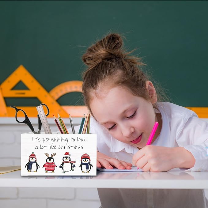 Christmas Funny Penguin Pen Holder for Desk, It's Penguining to Look Like Christmas Wooden Box Sign Desk Decor for Home Office Decoration, Holiday Xmas Pencil Organizer, Penguin Gifts