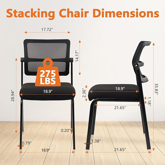 CLATINA Stacking Armless Office Waiting Room Chair with Adjustable Backrest, Stackable Mesh Guest Reception Desk Chairs with Ergonomic Lumbar Support for Conference Lobby Side School, Black, 2 Pack