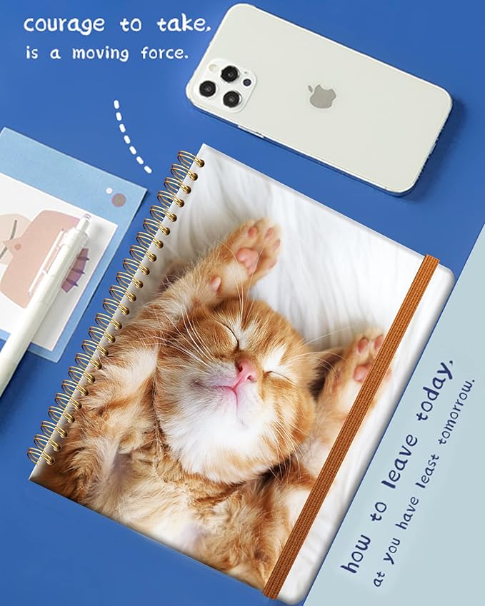 Ruled Spiral Writing Notebook,A5 Hardcover Lined College Journal for Women Lady Girl,Cute Strong Twin-Wire Binding with Premium Paper,8.4" X 6",Perfect for School,Office,Home Gifts(Sleeping Cat)