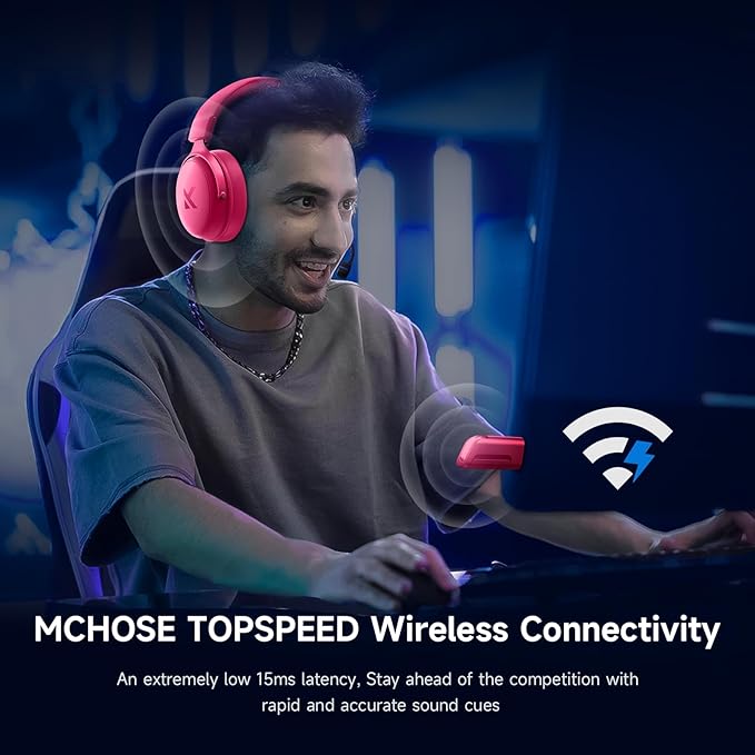 MCHOSE V9 PRO Wireless Gaming Headset 7.1 Surround Sound for PS5 PS4 PC Switch TOPSPEED Gaming Headphones, Noise Canceling Mic, 250Hr Battery, Low 15ms Latency, Lightweight, BT 5.3 FPS Games Rose&Red