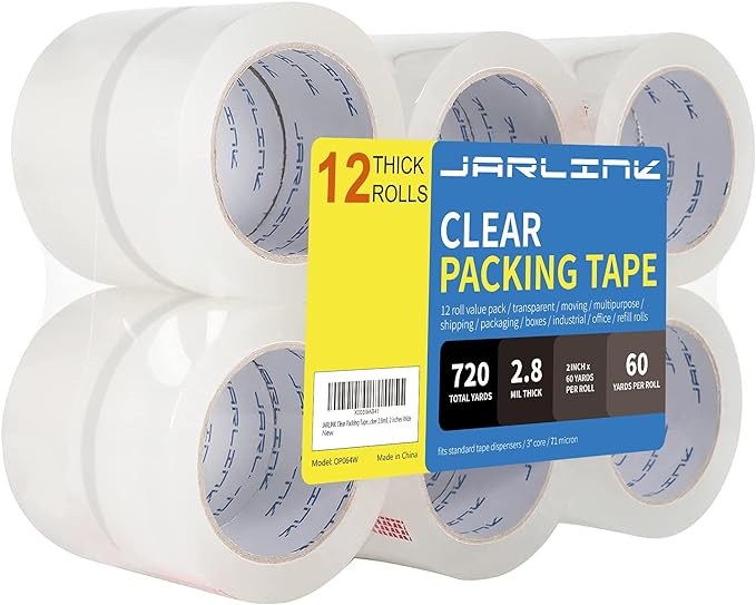JARLINK Clear Packing Tape (12 Rolls), Heavy Duty Packaging Tape for Shipping Packaging Moving Sealing, Stronger & Thicker 2.8mil, 2 inches Wide, 60 Yards Per Roll, 720 Total Yards
