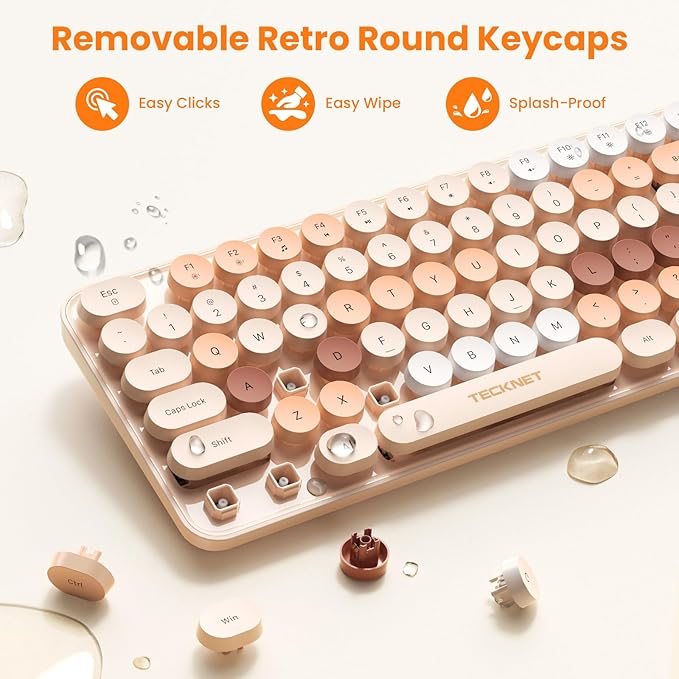 TECKNET Retro Typewriter Keyboard and Mouse Combo, Full Size 2.4G & Bluetooth Dual Mode Wireless Keyboard with Round Keycaps, Colorful Design, Ergonomic Adjustable Tilt, Spill-Resistant, for Windows