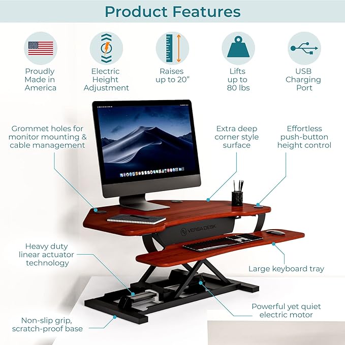 VERSADESK® PowerPro™ 36” x 31” Corner Standing Desk Converter | 36 Inch Electric Height Adjustable Desk Riser - Sit or Stand w/programmable Controller, Keyboard Tray & USB Hub, Cherry