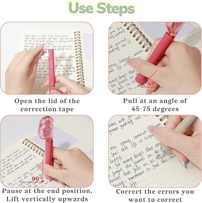 Temiary 4 Pcs White Correction Tape Pens, 6M/256" x 0.2" Smooth Pull Out Tape Pen, Easy to Use Applicator for Instant Corrections Back to School Office Supplies (Multicolor)