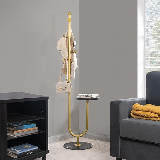 Coat Rack Stand, Metal Coat Tree with Bamboo Tray & 6 Hooks, Heavy Duty Marble Base Corner Coat Stand for Bedroom Hallway Entryway Living Room Office 13.78 x 13.78 x 68.11 Inches (Gold)
