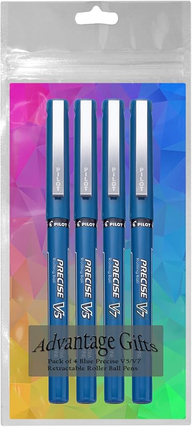Precise V5/V7 Stick Rolling Ball Pens, Fine and Extra Fine Point, Assorted Points Blue Ink, 4-pk; Bundle with Plastic Reusable Pouch