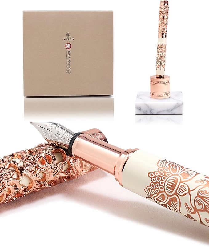 Luxury Fountain Pen Set With Stand - Museum Art Collections - Crafting Timeless Beauty - the Best Gift & Office Desk Decor, German SCHMIDT Fine Nib, Solid Metal & Marble Texture