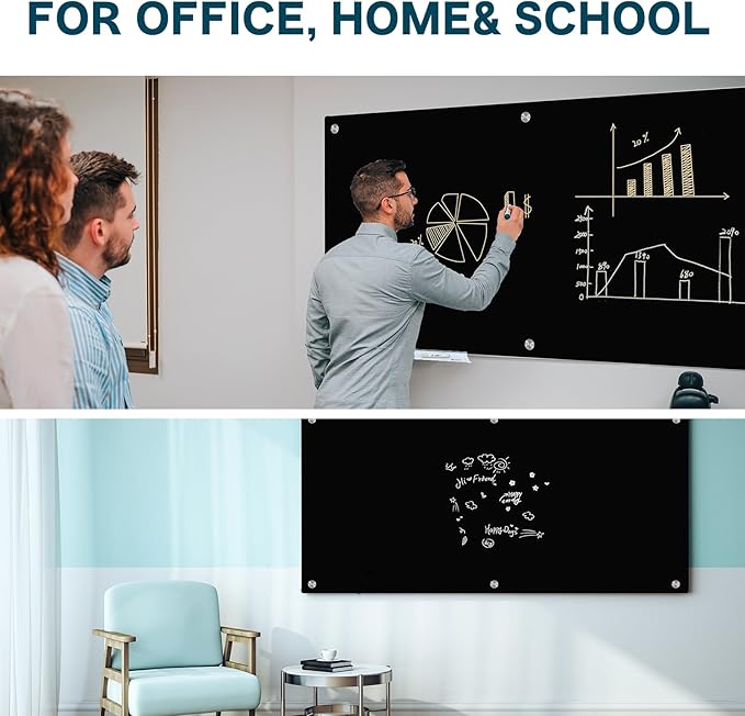 J&J worldwide Glass Whiteboard 6' x 4', Magnetic Black Glass Dry Erase Board, Black White Board Frameless, Includes Markers, Magnets, Marker Tray, Eraser for Wall, Office, Home, School