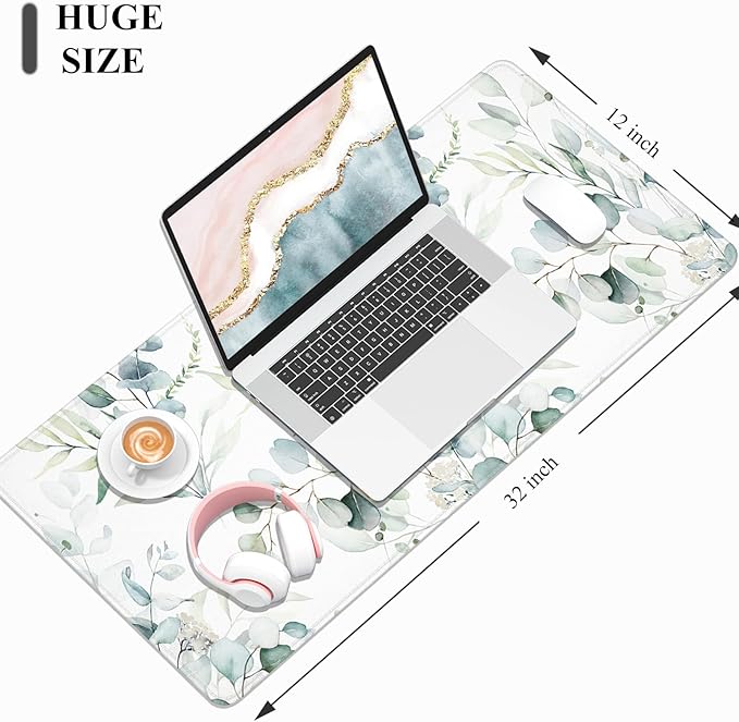 Desk Mat, 32" x 12" XXL Extended Large Gaming Mouse Pad, Desktop Decor Desk Pad, Cute Men Women Office Supplies and Accessories, XL Mouse Mat for Laptop & Keyboard, Minimalism White Flower