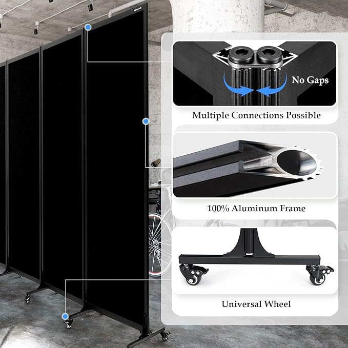 Upgrade Version Room Partition and Divider, Freestanding Rolling Dividers with Wheels,Office Privacy Screen Divider Wall,Classroom Felt Dividers,12'2"L* 6'7"H,6 Panel，Black