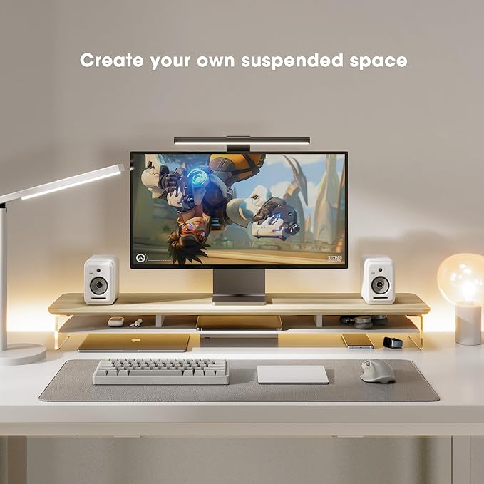 Fenge Acrylic Monitor Stand Riser, 42.5 Inches Dual Monitor Stand with Metal Storage, 2 Tier Acrylic Computer Riser for Desk, Clear Laptop Stand for PC, Laptop, Printer, TV, Oak