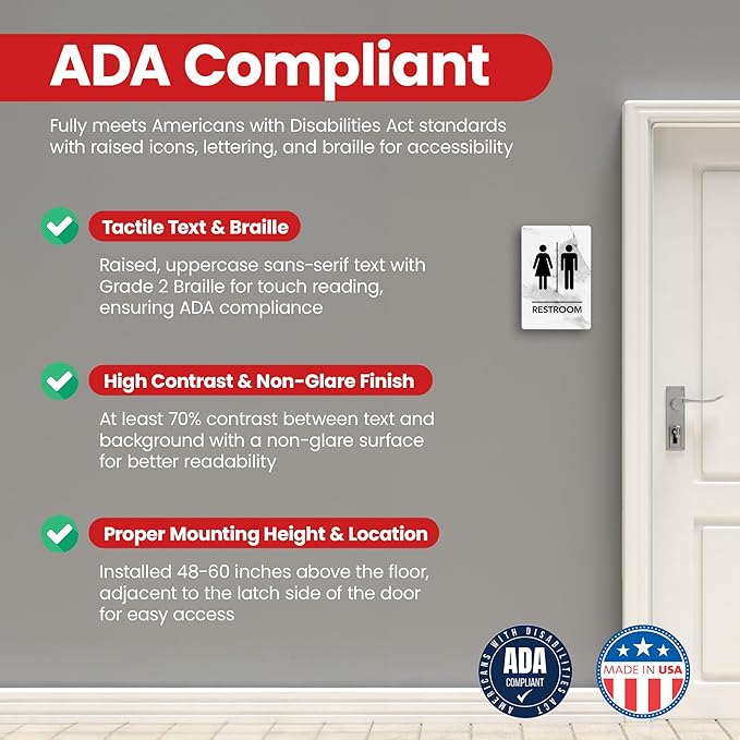 Promot Unisex Bathroom Sign – ADA Braille Restroom Sign for Business, Self-Adhesive, 9" x 6", Commercial Door Signage, Office Wall Decor - Marble Quartz