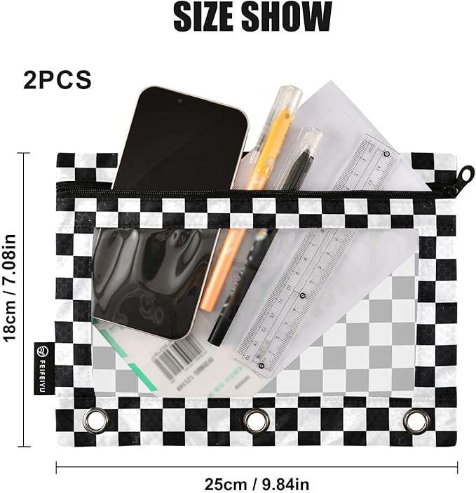 Black White Checkered Pattern Pencil Pouch for 3 Ring Binder, 2 Pack Waterproof Pencil Bags Clear Window Pencil Case Zipper School Office Supplies