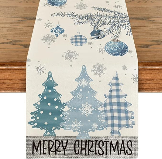 Artoid Mode Blue Pine Trees Merry Christmas Table Runner, Winter Xmas Holiday Kitchen Dining Table Decoration for Home Party Decor 13x108 Inch