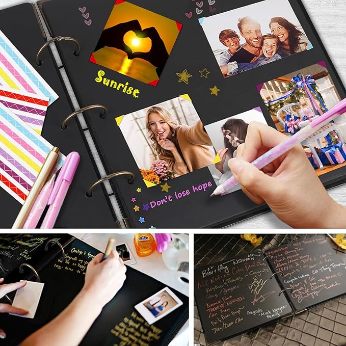 Photo Album DIY Scrapbook, 10x10 inch 50 Pages Double Sided, Vintage Hardcover Three-Ring Binder Picture Booth Albums with 6 Colors 408pcs Self Adhesive Photos Corners for Memory Keep (Black)