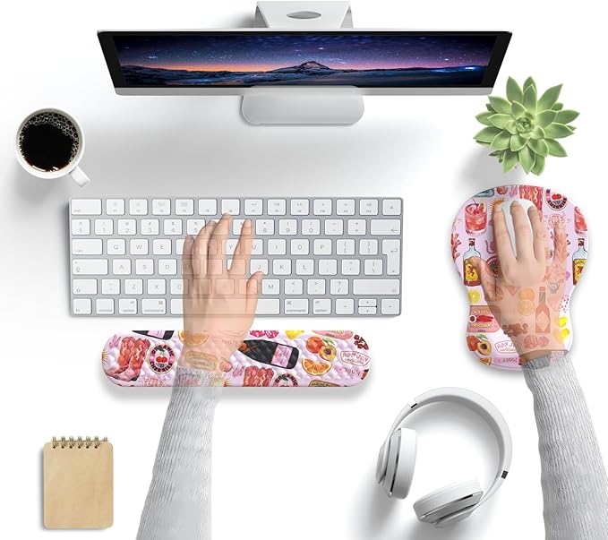 Cute Pink Mouse Pad and Keyboard with Wrist Rest Ergonomic Aesthetic Gaming Mouse Pads, Best Desk Decor Office Cute Pink Desk Accessories Mouse Pad with Wrist Rest, Vacation Style Soft Gel Material
