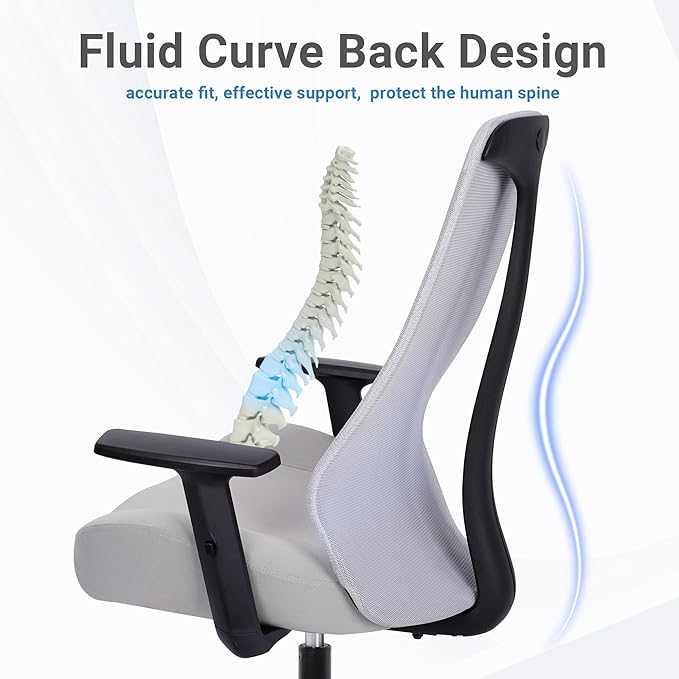 HYLONE Office Chair, 5" Thickened Seat Ergonomic Desk Chair with Adjustable Armrests, Home Office Computer Chairs for Long Hours Mesh Executive Chair(Black Base&Grey)