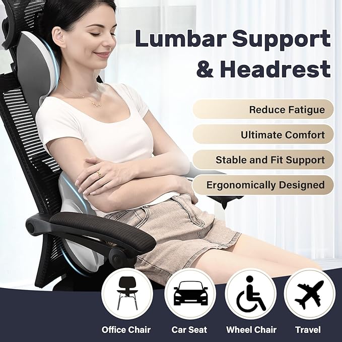 Coverado Lumbar Support and Car Neck Pillow, Ergonomic Memory Foam Desk Chair Cushion and Headrest Pillow for Car Office Chair, Sciatica & Neck & Tailbone Cushion-Black&Gray