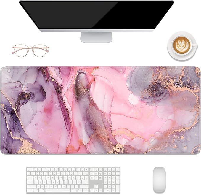 Desk Mat, 32" x 12" XXL Extended Large Gaming Mouse Pad, Desktop Decor Desk Pad, Cute Men Women Office Supplies and Accessories, XL Mouse Mat for Laptop & Keyboard, Red Pink Marble