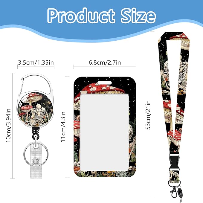 Skull Mushroom Badge Holder Reel Lanyard,ID Card Badge Holder Retractable Name Tag Clips for Doctor Nurse Teacher Office Student