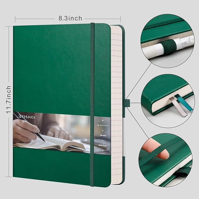 EMSHOI Notebook College Ruled - A4 Hardcover Leather Lined Journal, 192 Pages 100GSM Thick Paper, Large Diary for Women Men Work, School, Journaling, Writing - 8.3" x 11.7" - Dark Green
