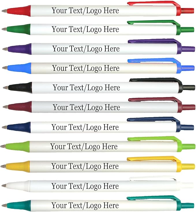 Personalized Click Stick Pens With your Custom Logo or Text-300 Pack Bulk-for Businesses, Parties, and Events, Custom Printed Retractable Slim Ballpoint Pens, Red, Black Ink