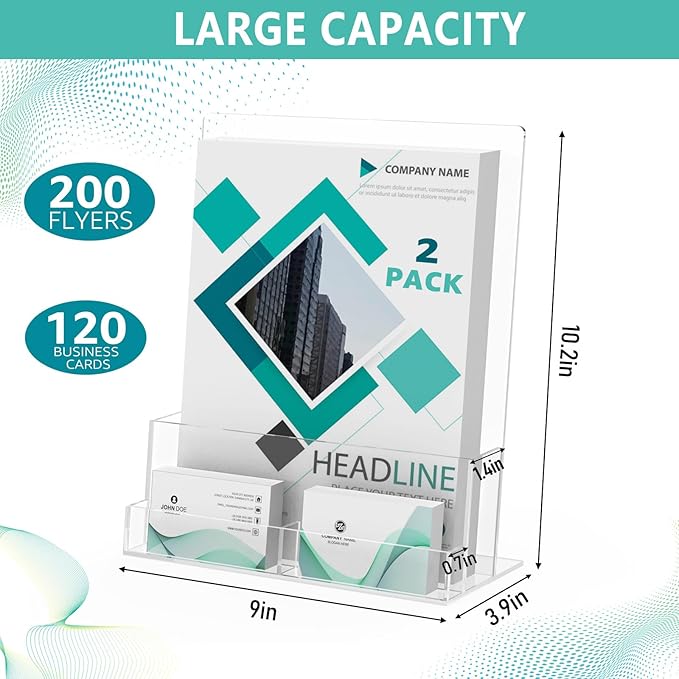 2 Pack Acrylic Brochure Holder 8.5 x 11 Inch with Business Card Holder, Clear Acrylic Brochure Holders Plastic Flyer Display Stand for Magazine, Pamphlet, Booklets, Menu, Journals, Literature
