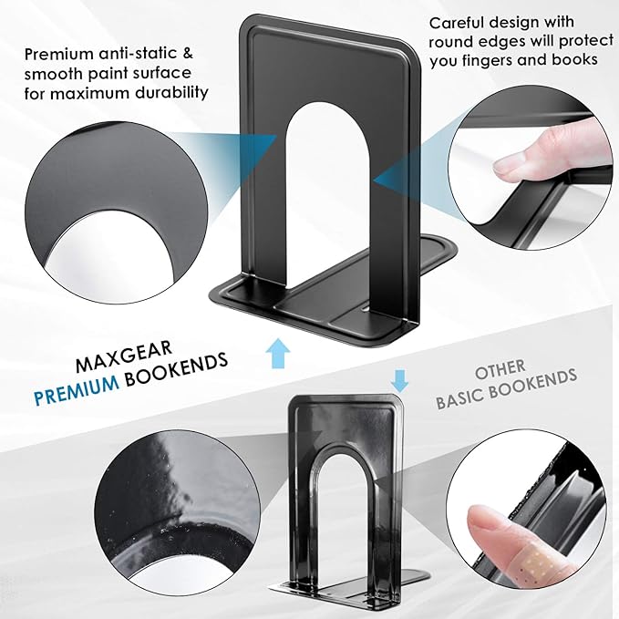 MaxGear Premium Matte Painted Book Ends, Heavy Duty and Sturdy Bookends for Shelves, Office Non-Skid Metal Book End Stopper for Books/CDs/DVDs, 6 x 4.6 x 6 in, Black, 2 Pairs/4 Pieces, Large