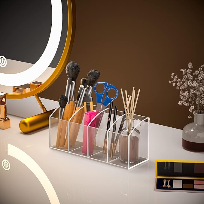 Acrylic Pen Holder 4 Compartments, Clear Pen Organizer Makeup Brush Holder, No Drill Wall Mounting Pencil Holder Office Accessories