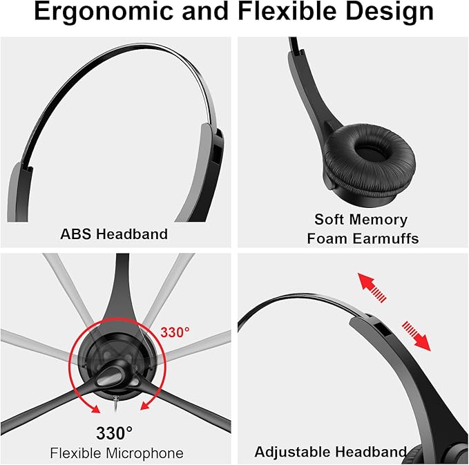 USB Headset with Microphone, Wired Computer Headset for Laptop/PC with Noise Cancelling Mic, Mono Headphones with in-Line Volume Control for Work, Office, Teams, Zoom, Skype, Online Class