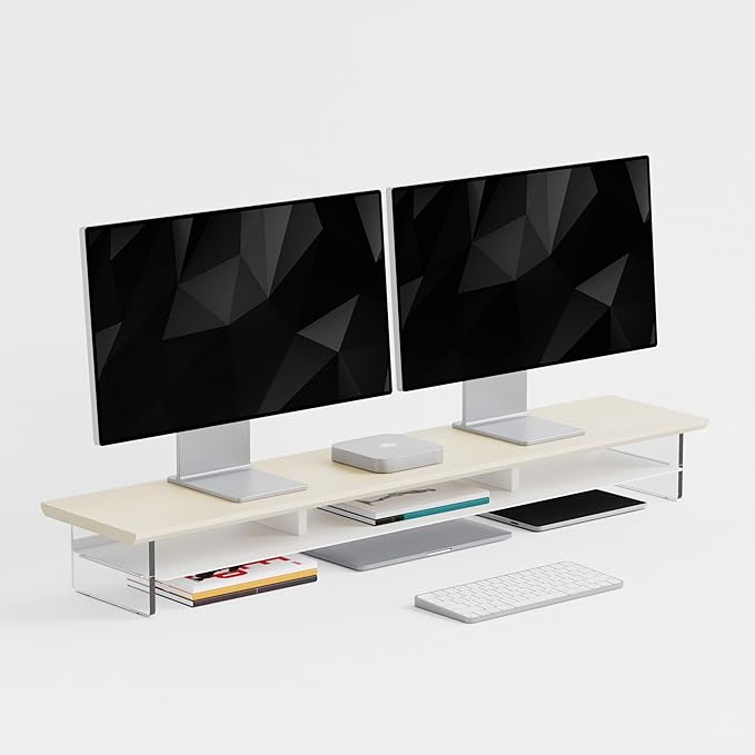 Dual‑Tier Monitor Stand for Modern Desk Setup – Minimalist Wooden and Metal Riser Shelf with Transparent Acrylic Feet for Dual Monitors, Laptops, Home Office Aesthetic，Beige and White