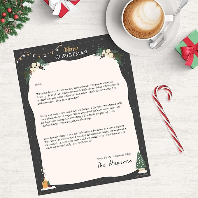Greenery Merry Christmas Black Letterhead / 50 Sheets / 8.5" x 11" Festive Tree Lights Holiday Paper/Decorative Winter Stationery