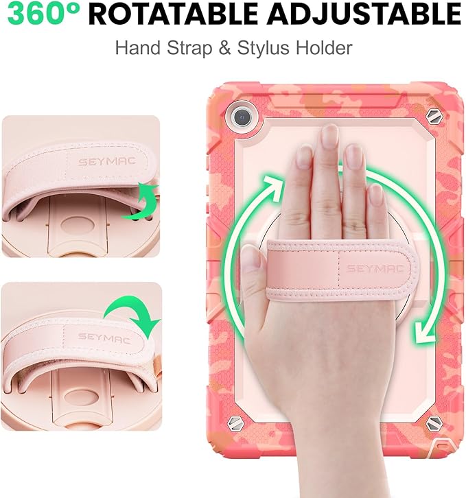 SEYMAC Case for Samsung Galaxy Tab A9+/ A9 Plus 11" (SM-X210/X216/X218), Heavy Duty Shockproof Protective Case with Screen Protector, Rotating Stand, Hand/Shoulder Strap, Multicolor/Pink
