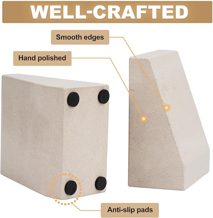 Koville Marble Bookends for Shelves, 9Lbs Large Bookends for Heavy Books, Non-Slip Heavy Duty Book Stopper for CD/Movies, Aesthetic Decorative Bookends for Shelves Table Home Decor(Beige)