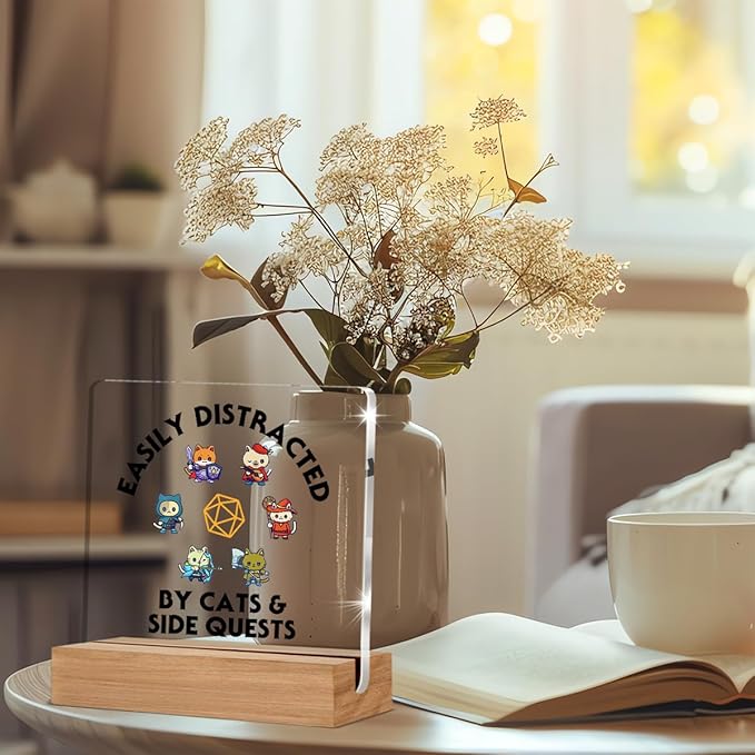 Funny DND Gifts for RPG Gamers, Dungeon and Dragon Gift, Nerdy Gifts for Men Women Gamers, Cats & Side Quest Acrylic Desk Signs Decor 4 × 4 Inches