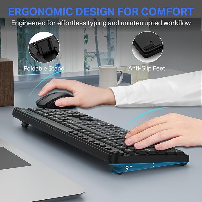 Wireless Keyboard and Mouse Combo, E-YOOSO Full-Sized Computer Wireless Keyboard and Optical Mouse, 2.4Ghz USB Lag-Free Cordless Combo, for Windows, Mac OS PC/Desktop/Laptop