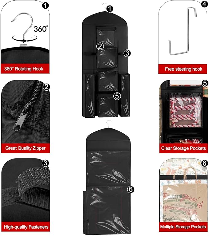 Hanging Gift Wrapping Paper Storage, 40"X17" Black Double-Sided Christmas Wrapper Bag Container, Oxford Craft Roll Organizer, Present Wrap Holder for Bedroom Closet, Door, Cabinet