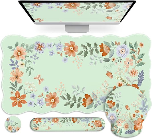 Desk Pad Mat Green, Wrist Rest Support for Mouse Pad&Keyboard Set, Scalloped Vanity mat Protector for Makeup, Cute Floral Nail Mat, Aesthetic Desk Protector for Women's Office Home, Dorm