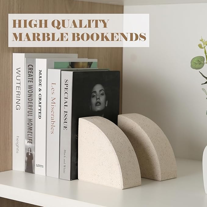 Marble Bookend for Shelves, Non-Skid Bookends for Heavy Books, Heavy Duty Book Stopper for CDs, Luxury Book Shelf Holder, Quarter Circle Design Book Ends Decorative, Moleanos Beige, Set of 2