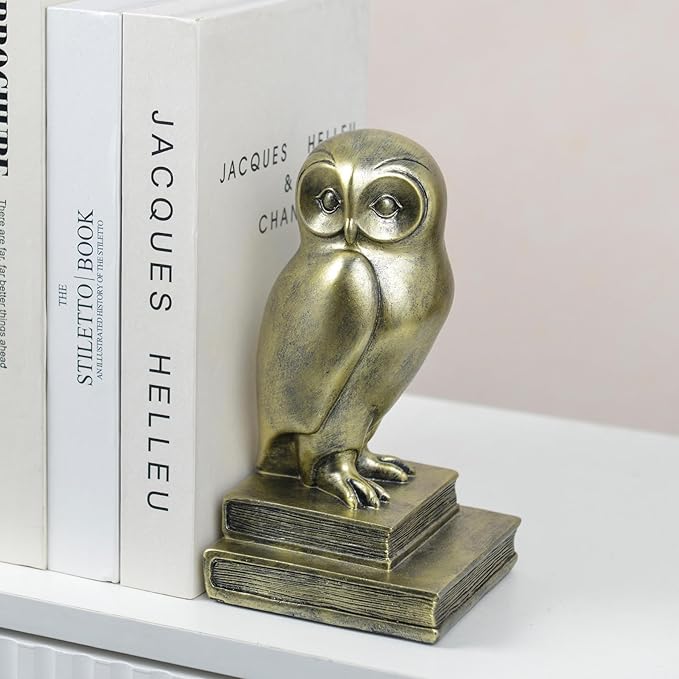 Vintage Gold Owl Bookends,Resin Animal Decorative Book Ends for Shelves,Book Holder with Anti-Slip Base,Luxurious Bird Bookends for Kids Rooms Office Home Decor,Unique Book Lover Gift