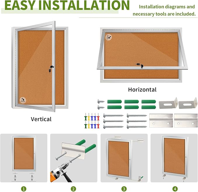Lockable Outdoor Enclosed Bulletin Board, Weatherproof Cork Noticeboard with Locking Door, Wall-Mounted Aluminum Framed Display Case for Messages,36x24in (5xA4)